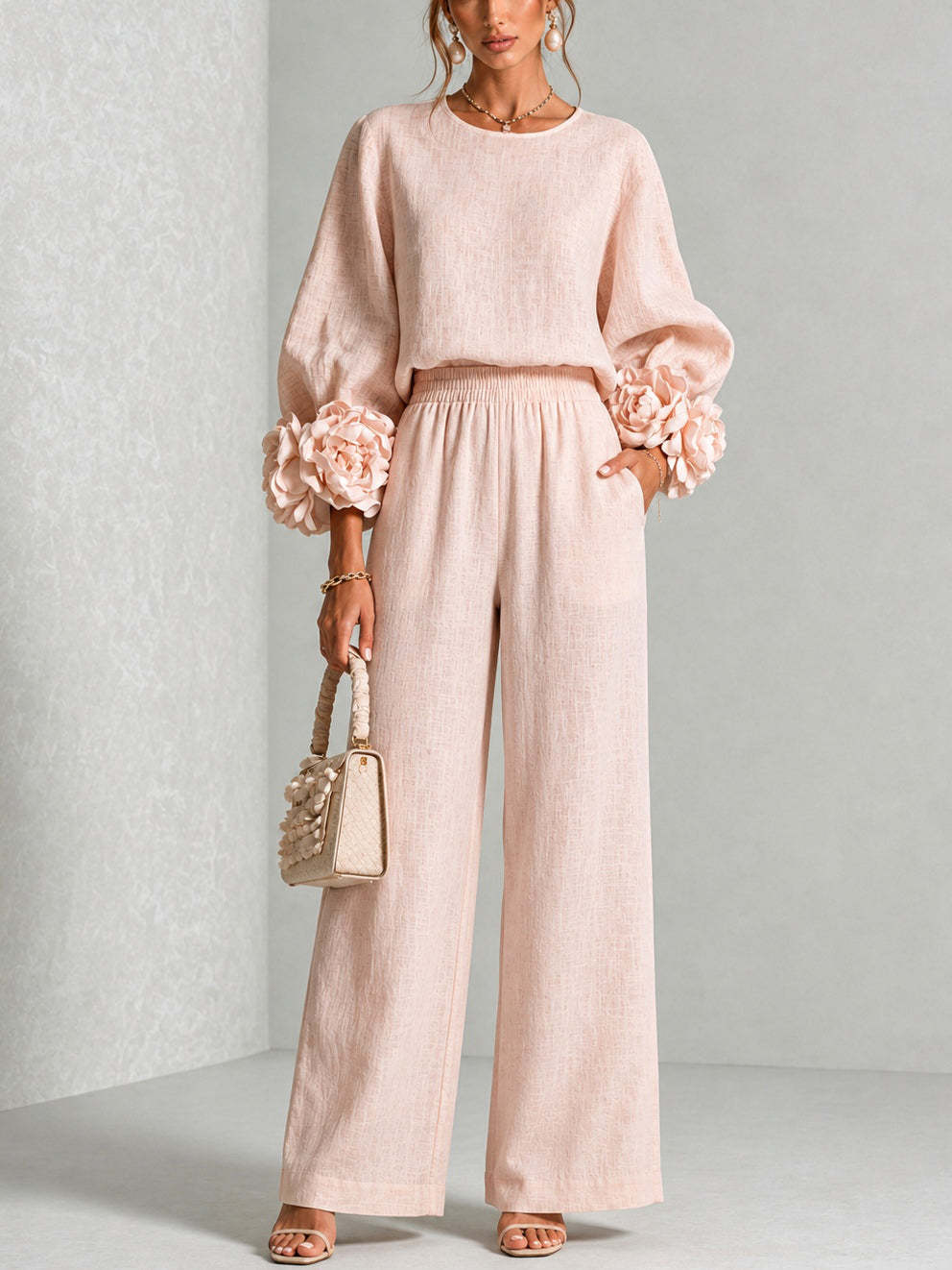 Women Formal Wear Tops - Damski dwuczęściowy zestaw z lnu: bluzka